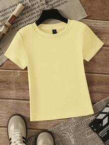 黄色常规肩短袖T恤，女士夏季款，圆领，修身剪裁，时尚美式风格，百搭露脐休闲上衣 - 嫩 黃色 - 查看 8