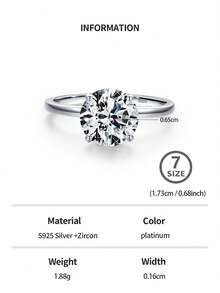 1枚925纯银奢华闪亮圆形立方氧化锆戒指，可选1克拉、2克拉或3克拉，女士结婚订婚礼物，新娘首饰