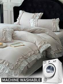 Bộ 2/3 vỏ chăn polyester màu be giặt với ren xếp nếp, bộ đồ giường hiện đại dễ thương cỡ Queen cho mọi mùa, mềm mại và thoáng khí (1 vỏ chăn + 1/2 vỏ gối, không có ruột) - Màu be - Xem 6