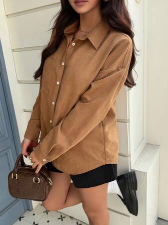 EARO POP Women's Khaki Long Sleeve Button-Up Shirt, Regular Length, Non-Stretch Fabric, Casual Chic Top With Pocket Detail