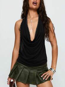 Women's Y2k Rivet Glitter Halter Tops,Tie Open Back Club Punk Low Cut Y2K Top,Deep V Neck Sleeveless Vintage Tank Tops,Draped Collar Backless Studded Shirt,Teen Going Out Date Night Club Party Streetwear - 黑色 - 查看 1