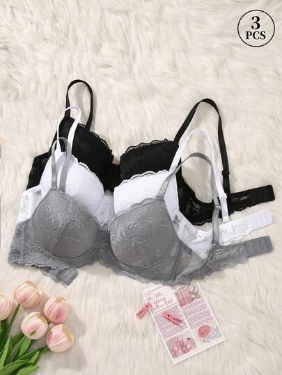 3pcs Women's Multicolor Lace Bras With Underwire, Thin Cup, Breathable And Comfortable Lingerie
