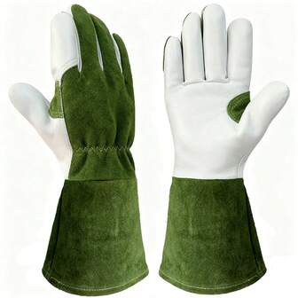 1 Pair Green Gardening Gloves For Women/Men Rose Pruning Thorn & Cut Proof Long Forearm Protection Gauntlet, Resistant Thick Cowhide Leather Work Garden Gloves
