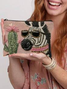 1pc Fashionable Zebra & Cactus Pattern Cosmetic Bag, Zipper Design Travel Toiletry Pouch, Ideal Gift For Women, Sisters Or Friends On Birthday Makeup Bag Make Up Organizer Toiletry Travel Bag - Multicolor - View 1