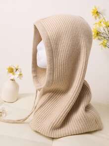 1顶男女通用100%纯羊毛抽绳针织帽，纯色，保暖防风，保护耳朵和脖子，拉法帽款式，情侣套装含围巾 - 彩色 - 查看 4