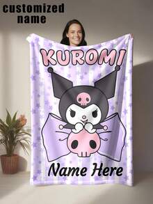 SANRIO 1pc Kuromi Themed Flannel Blanket, Customizable Name - Purple Star Striped Background With Kuromi's Classic Black And Purple Colorway - Suitable For All Seasons, Soft, Lightweight, Warm, Suitable For Sofa, Bed, Outdoor - Perfect Birthday And Holiday Gift For Family And Friends - 彩色 - 查看 14