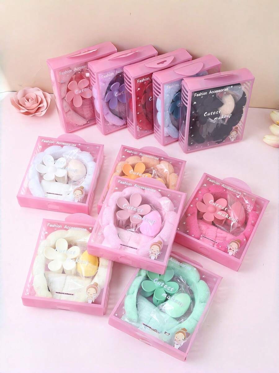 5件套女士海绵SPA头带、腕带和大花朵发夹礼盒套装，精美礼盒包装，适合派对和日常使用，包含发夹、发卡、女士发饰。