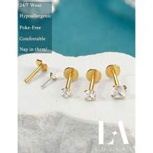 LOLIAS - arete de riz de acero quirúrgico 316L con relleno de oro de 14 quilates sin rosca para la riz con circonita cúbica para mujeres y hombres aretes de labio de acero quirúrgico 316L aretes - Dorado chapado en oro de 14 quilates - Ver 7