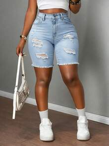 Women's Fashionable Ripped Denim Shorts, Stretchy, Sexy, Tight And Figure-Flattering, With Slit Pockets And Fur Edges - Rửa nhẹ - Xem 1