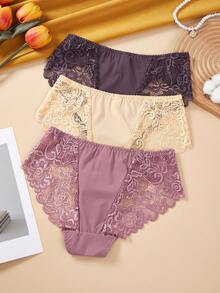 3pcs Women's Earthy Color Lace Sexy Thong Panties, Seamless Breathable High Elasticity Briefs For Loungewear & Activewear - Multicolor - View 3