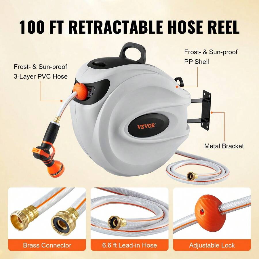 Retractable Hose Reel Water Hose Reel 100'x1/2" 180° Swivel Wall-Mounted,Garden Water Hose Reel With 9-Pattern Nozzle,Automatic Rewind, Lock At Any Length, With Slow Return System - Default - View 1