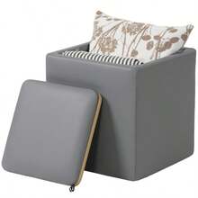 Storage Ottoman With Lid, Square Footrest, Cube Seat In Faux Leather, 40 X 40 X 40 Cm, Grey - Gray + Wood - View 7