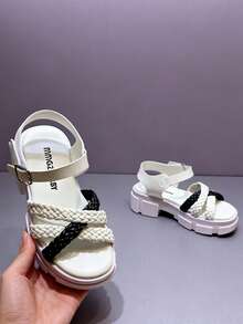 1 Pair Children's Woven Trim Decorated Faux Leather Anti-Slip Open Toe Criss-Cross Strap Buckle Ankle Strap Chunky Heel Casual Sandals, Suitable For Summer Daily Wear And Fashionable Outings - 黑與白 - 查看 3