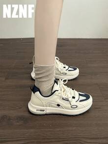 NZNF New Thick Sole Sneakers, Versatile Beige & Fashionable Blue Mesh Chunky Sneakers, All Season - Blue - View 4