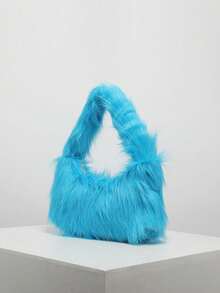 纯色毛绒糖果色手提包，圣诞包，女士礼物，情人节礼物，秋冬礼物，Y2K风格，个性化，可爱，日常，购物，约会 - 藍色 - 查看 2