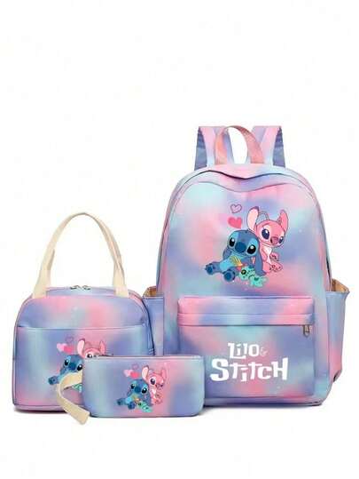 3D Printed Stitch Pencil Case Backpack Shoulder Bag, Stitch Starry Sky Cartoon Peripheral Children's 3-Piece Set, Suitable For School, Travel, Christmas Gifts, Large Capacity Cosmetic Storage Bag, Can Hold Lipstick, Brushes, Skincare, Phone, Coins, Small Items, Suitable For Home, Gifts, Vacation And Holidays (Halloween, Christmas) Multi-Purpose Use