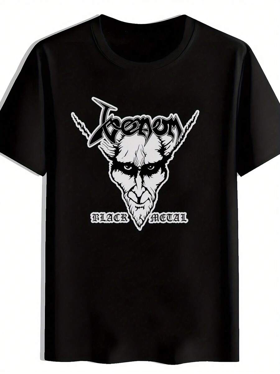 Camiseta gráfica retro de banda de rock para hombres - Negra de manga corta y cuello redondo. Diseño de arte musical de heavy metal. Top Casual de Poliéster para Viaje de Verano. Fecha. Playa. Regalo de Navidad. Camisetas de banda - Negro - Ver 1