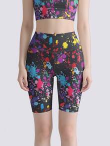 1pc Colorful Graffiti Print Women Sports Shorts, High Elastic Quick Dry Breathable Running Workout 5-Inch Shorts, High Waist Lifting Tummy Control Yoga Shorts, Stretchy Compression Waist Cycling Shorts For Spring/Summer/Autumn, Suitable For Running, Workout, Pilates, Outdoor Cycling, Casual Daily Wear - Multicolor - View 6