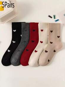 3/5 Pairs Women's Mid-Calf Socks, Heart Design, Versatile Loose Top Socks - Multicolor - View 1