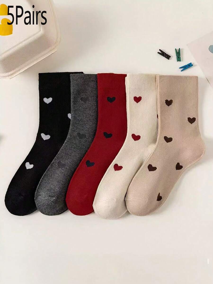 3/5 Pairs Women's Mid-Calf Socks, Heart Design, Versatile Loose Top Socks - Multicolor - View 1