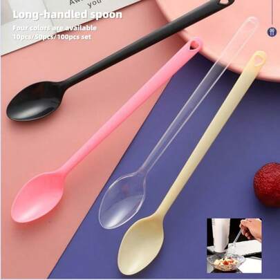 18cm Disposable Long Handle Spoon, Thick Plastic Long Handle Spoon For Bubble Tea, Desserts, Fruits