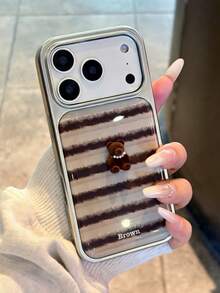Luxury Cute 3D Bear Brown Stripe Resin Drip Phone Case Compatible With IPhone 17 Pro Max 17 Pro 16 Pro Max 15 Pro 17 Air 16 Pro 14 13 Autumn Winter Silvery Edge Plating Protective Back Cover - Stripe - View 5