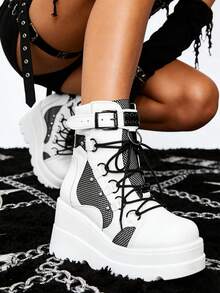 Y2K Gothic Punk Women Combat Boots High Wedges Lace Up Mesh Buckle Cool Fashion Cosplay Girls Motorcycle Shoes - 白色 - 查看 3