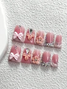 10pcs Shiny AB Rhinestone Nail Stickers, Pinched Flower Nail Stickers, French Fake Nails, Bow Nail Jewelry, Pink Nail Gel, 3 Sizes Available (Almond, Duck Bill, Coffin), Includes Nail Tools (1 Jelly Sticker + 1 Nail File), Suitable For Parties, Gatherings, And Daily Wear Nail Supplies Handmade Press On Nails - 彩色 - 查看 17