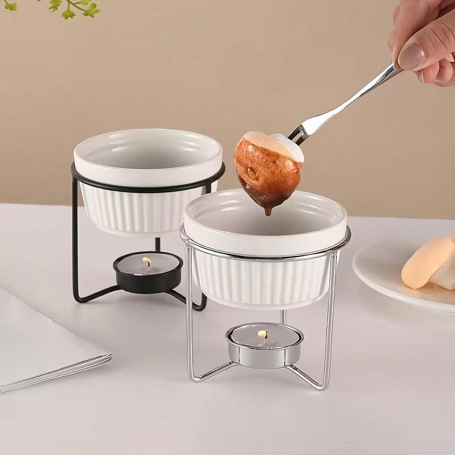 1 Set Ceramic Butter Warmer, Chocolate Fondue Pot Set, Includes 1 Melting Bowl And 1 Chrome-Plated Stand (Candles Not Included), For Melting Chocolate, Butter, Cheese, Etc.; Kitchen Gadget