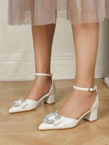 Women's Rhinestone C-Buckle Decor Peep Toe Ankle Strap Chunky Heel High Heels, Elegant For Wedding, Spring/Summer; White Super Fiber Dress With High Heels - White - View 3