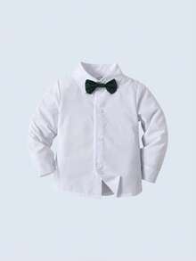 2pcs Young Boys Gentleman Outfit, Long Sleeve Shirt With Bow Tie And Suspender Pants, Fashionablntic For Birthday, Christmas Party, Wedding, Christening, 1st Birthday - Dark Green - View 5