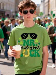 St. Patrick's Day Tween Boy Cartoon Lucky Shamrock And Slogan Print Crew Neck T-Shirts Spring And Summer Boy's Casual Tee Soft Tops - Green - View 2