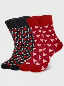 半双装男女通用黑红情人节袜子，可爱百搭的女士中筒袜，饰有浪漫的箭头和心形图案