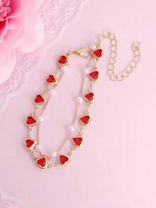 1pc Elegant Red Heart & Faux Pearl Double Layer Bracelet, Versatile Fashion Jewelry Suitable For Daily Wear, Valentine's Day, Celebrations, Birthday, New Year - Multicolor - View 2