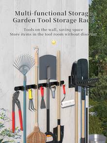 Wall Mounted Tool Storage Rack With Shelves And Hooks, Multi-Functional Hanging Organizer, Easy To Install, Space Saving, Broom And Mop Hooks, Suitable For Storing Mops, Brooms, Gardening Tools And Garage Tools - Black - View 11