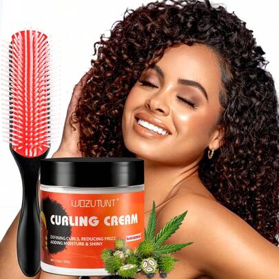 Black Castor Oil Curl Cream, Infused With Shea Butter - Long-Lasting Smooth Styling, Effectively Reduces Frizz, Nourishes And Glosses Hair, Perfect For Dry Curly Hair, Enhances Softness, Creates Bouncy Curls, Non-Greasy Formula, Professional Curling Styling Product, Comes With 9-Row Comb Set, Suitable For Curly, Wavy, Spiral Hair.