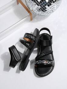 Kids Black Woven Sandals, Summer Open Toe Hook And Loop Closure, Girls Soft Bottom Casual School Shoes - Black - View 6