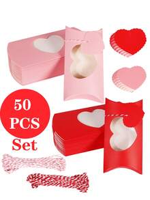 50/25Pcs/1PC- Valentine's Day Treat Boxes With Gift Tags Cotton Rope Red Pink Pillow Boxes With Heart PVC Window Gift Paper Container For Sweets Chocolate Birthday Wedding Party - Multicolor - View 11