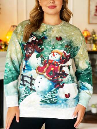 Women's Christmas Plaid Snowman Print Casual T-Shirt, Autumn/Winter