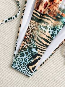 Women's Summer Beach Leopard & Zebra Print Halter Tie Sexy Bikini Swimsuit Set - Multicolor - View 3