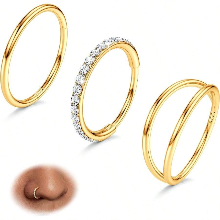 BodyBonita - 3 anillos de riz 316L de acero quirúrgico doble aro para la riz 16G/18G/20G con bisagras circonita cúbica piercing para el tabique anillos para cartílago aretes para hélice - como en la foto - Ver 1