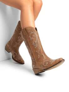 Women's Fashionable Western Boots Slip-On Waterproof Mid-Calf Boots For Parties & Proms - Mocha Brown - View 10