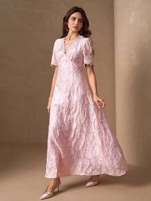 优雅镂空面料高端蕾丝拼接年轻女士时尚连衣裙 - 粉色 - 查看 1