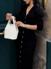 Yuwenier Elegant V-Neckline Long Sleeve Slim-Fit Rib-Knit Gray Long Knit Sweater Dress Button Front Regular Hem Autumn/Winter For Everyday Casual Wear - Black - View 2