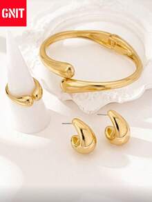 GNIT 镀金夸张首饰套装：水滴耳环、叠戴戒指、开口手镯，优雅时尚，适合日常佩戴、派对首饰、情人节礼物、母亲节礼物、DIY配件、节日礼物、毕业首饰、女士晚礼服配饰 - 水滴 - 查看 4