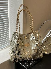 1pc Women's Fashion Solid Color Sequin Shoulder Bag, Portable Versatile Large Capacity Shoulder Tote Bag, Suitable For Dates, Work, Travel - Gold - View 2