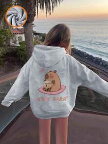 1 hanorac casual cu imprimeu Capybara pentru fete preadolescente, căptușeală termică caldă, model drăguț, potrivit pentru Ziua Îndrăgostiților - Gri - Vizualizare 2