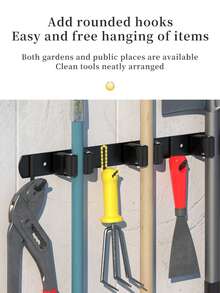 Wall Mounted Tool Storage Rack With Shelves And Hooks, Multi-Functional Hanging Organizer, Easy To Install, Space Saving, Broom And Mop Hooks, Suitable For Storing Mops, Brooms, Gardening Tools And Garage Tools - Black - View 10