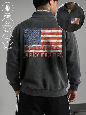 Men's Casual US Flag Slogan Print Zip-Up Sweatshirt, Autumn/Winter