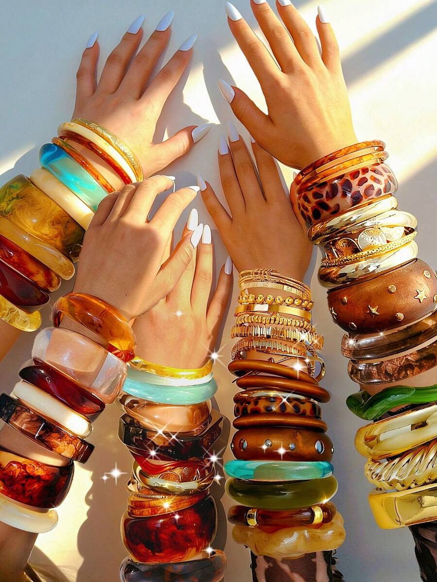 Vintage Elegant Retro French Romantic Antique Coin Style Random 29pcs/24pcs/21pcs/16pcs/11pcs/8pcs/5pcs/1pc Metal Resin Multi-Element Antique Geometric Irregular Colorful Acrylic Ombre Transparent Brown Blue Green Yellow White Leopard Print Thick Resin Bracelet Set With Faux Pearl, 5-Petal Flower, Bow, Round Disc, Wave Knot, Multi-Layer Line Crossed Hollow Wide Bangle - Multicolor - View 1